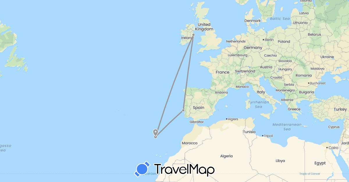 TravelMap itinerary: driving, plane in Ireland, Portugal (Europe)