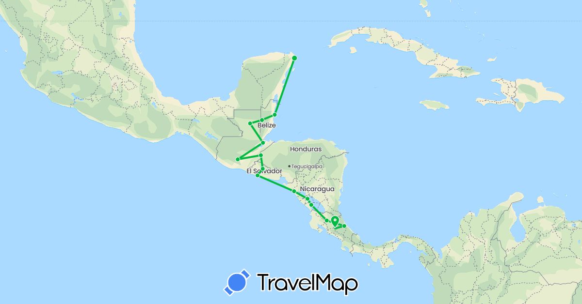 TravelMap itinerary: bus, plane in Belize, Costa Rica, Guatemala, Honduras, Mexico, Nicaragua, El Salvador (North America)