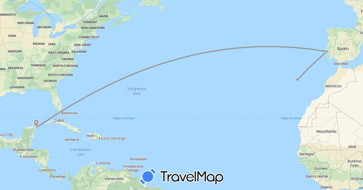 TravelMap itinerary: driving, plane in Mexico, Portugal (Europe, North America)