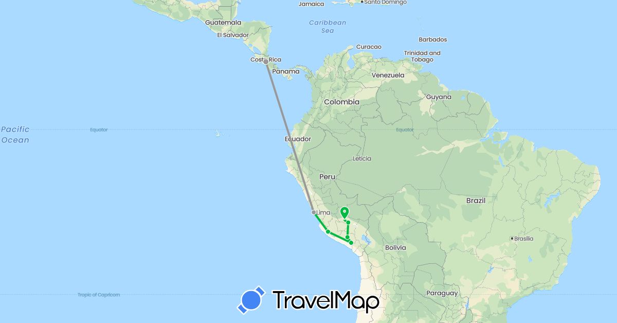 TravelMap itinerary: driving, bus, plane in Costa Rica, Peru (North America, South America)