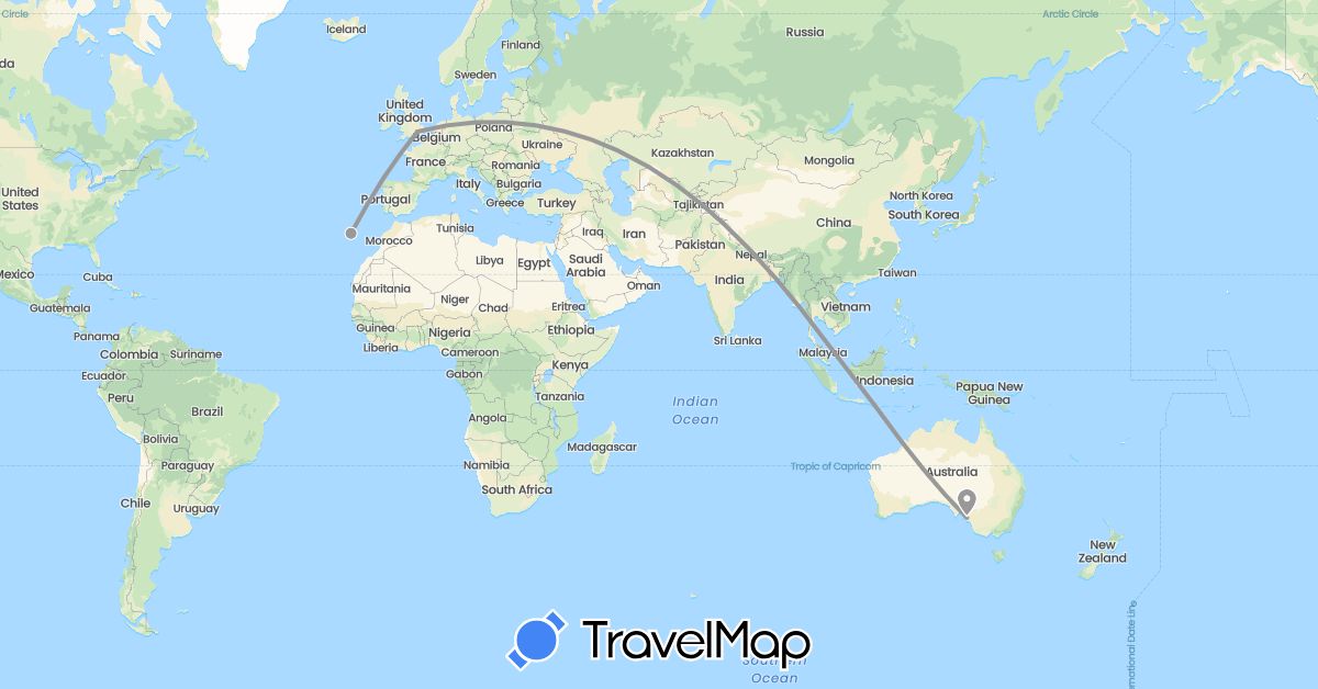 TravelMap itinerary: driving, plane in Australia, United Kingdom, Indonesia, Portugal (Asia, Europe, Oceania)